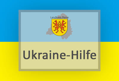 Bild vergrößern: Das Bild zeigt die ukrainische Flagge. Darauf steht der Schriftzug: Ukraine-Hilfe. ber dem Schriftzug befindet sich das Landkreiswappen.